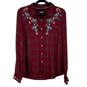 Nanette Lepore Western Plaid Floral Embroidered Metallic Button Down Large Red